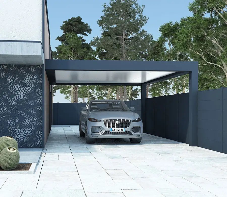 Carport aluminium adosse avec cloture maison contemporaine