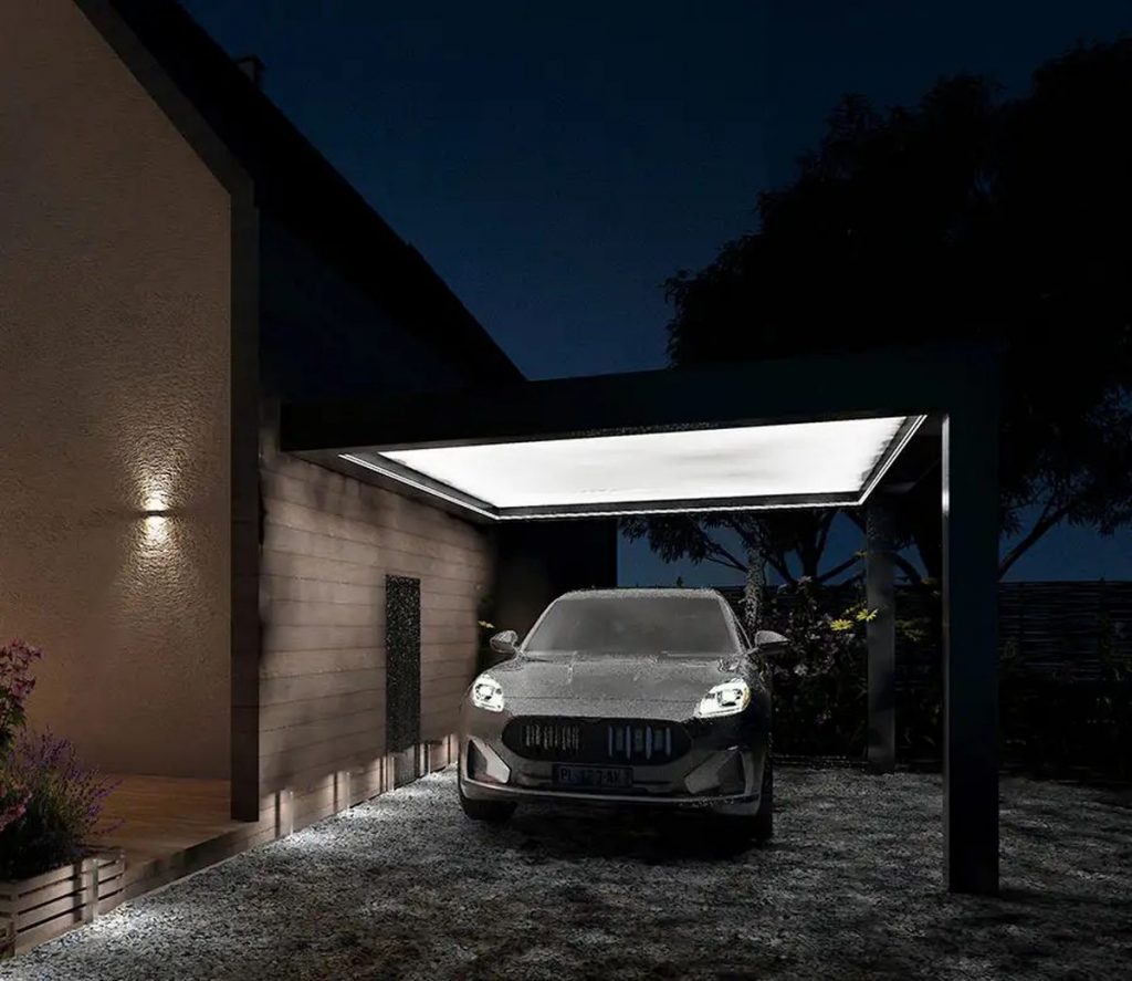 Carport aluminium adosse eclairage led integre sur mesure