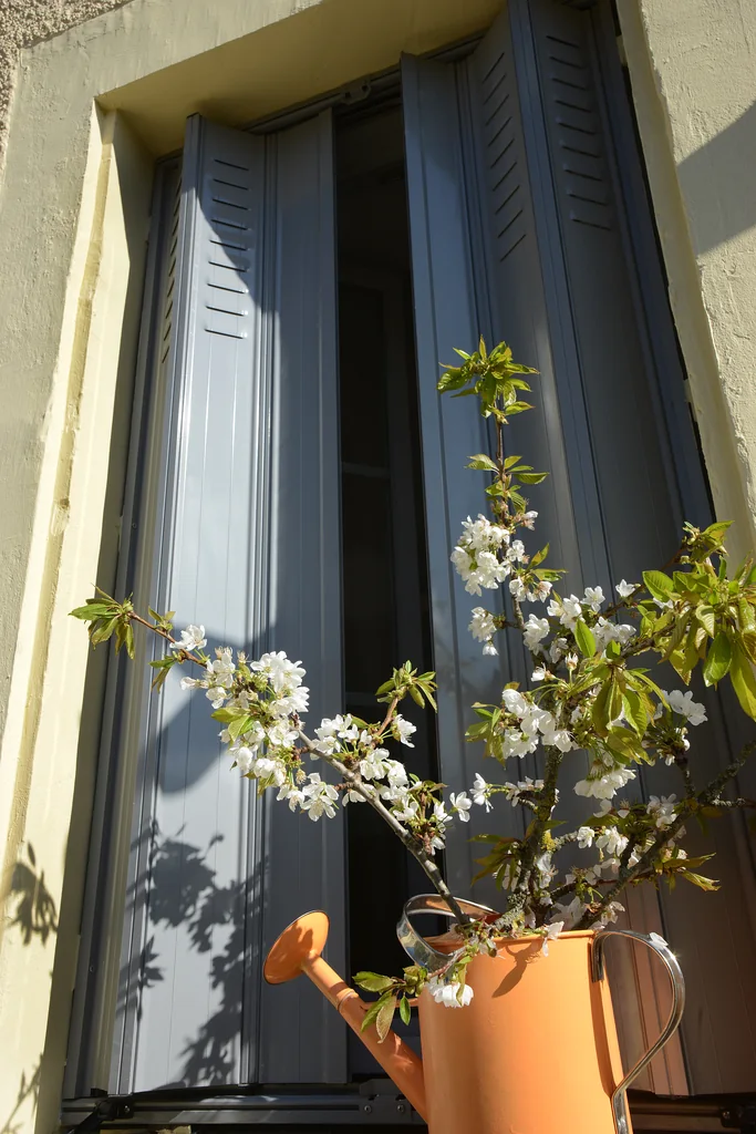 Jalousie aluminium grise sur mesure, repliée de chaque côté de la fenêtre, arrosoir et branche en fleurs